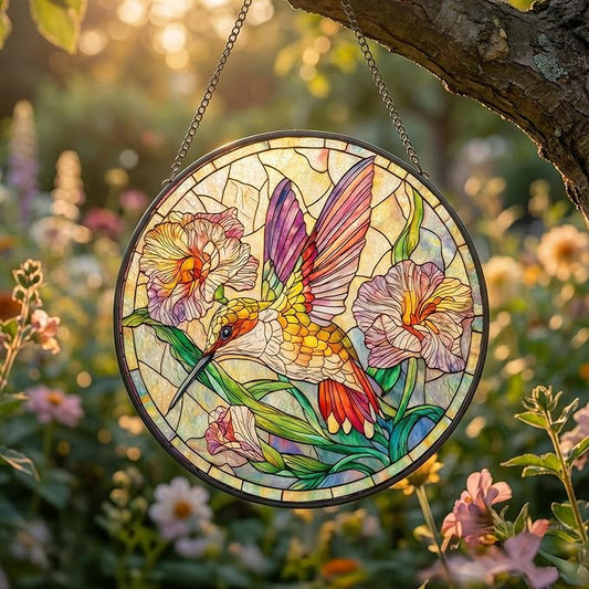 Stained Glass Window Hanging Hummingbird Sun Catcher, Colorful Bird Suncatcher for Window Decor, Handmade Style Hanging Ornament for Home, Garden, Patio Gift
