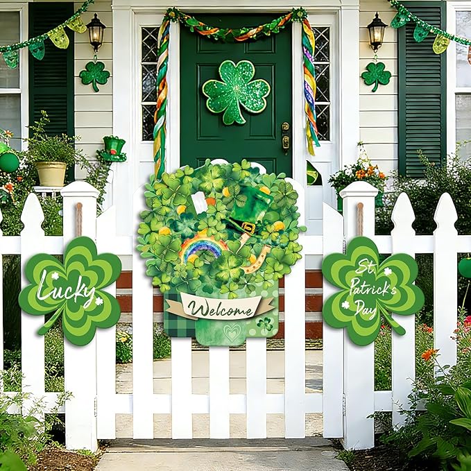 Lawnldyll 3 Pcs Metal St. Patrick's Day Yard Signs with Lucky Shamrocks Happy St. Patrick's Day Hanging Door Decor Welcome Yard Stakes for Irish Holiday Home Patio Lawn Outdoor Indoor Decor