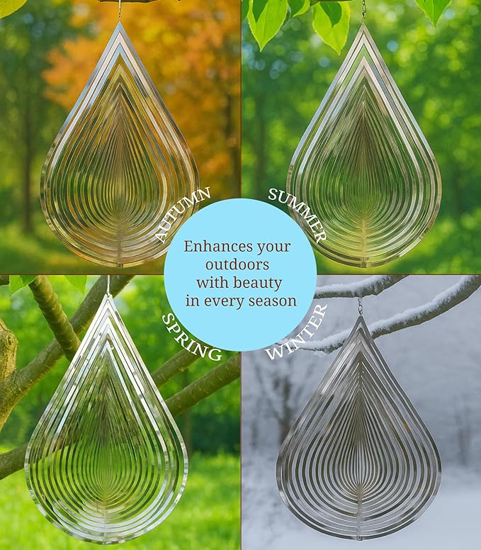 3D Stainless Steel Wind Spinner – 11.8" Hanging Garden Wind Spinner for Outdoor & Indoor Decor | Kinetic Metal Yard Art for Patio, Balcony, Porch or Living Room - Easy Installation (Droplet)