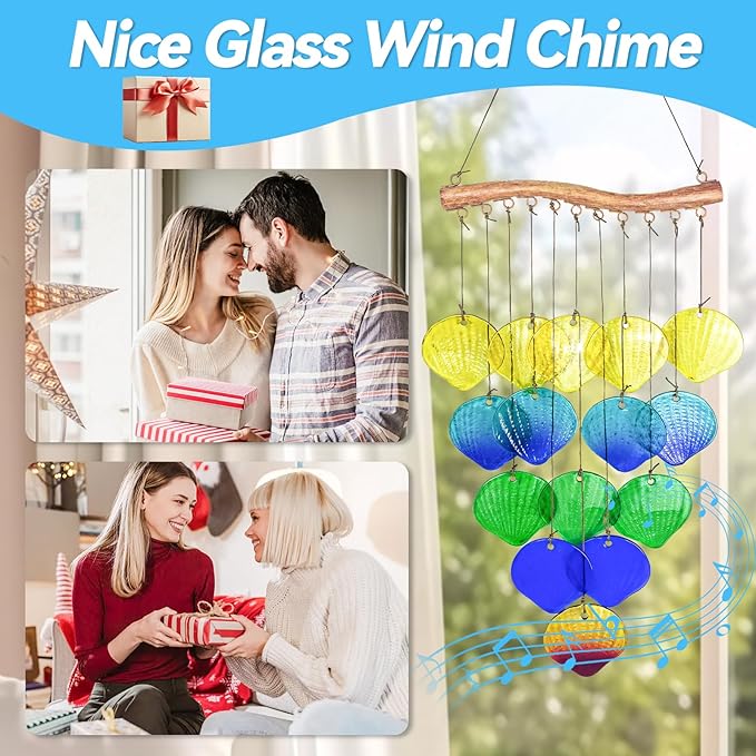 Sea Glass Wind Chime, Shell Shape Glass Windchime for Outside, Indoor Outdoor Decor for Patio Garden Yard, Nice Gifts for Mom & Women, Memorial Sympathy Gift for Home
