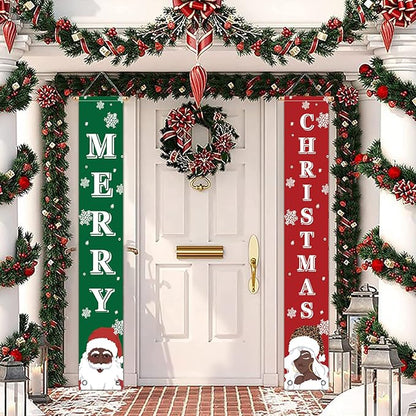 Merry Christmas Banner- Christmas Door Banner 71"x 12" Hanging Black Santa African American Santa Holiday Door Porch Sign for Indoor Outside Yard Garden Party Decor