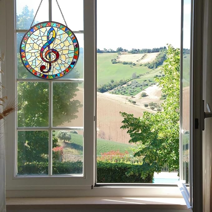 Musical Stained Glass Window Hanging Music Design Sun Catcher Musician Decor Music Teacher Gifts for Women Christmas Suncatchers for Home Windows Hanging Decoration, 7.87inch