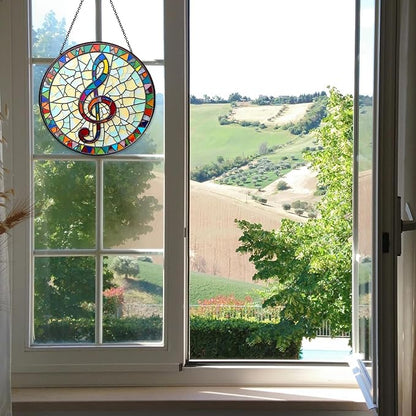 Musical Stained Glass Window Hanging Music Design Sun Catcher Musician Decor Music Teacher Gifts for Women Christmas Suncatchers for Home Windows Hanging Decoration, 7.87inch