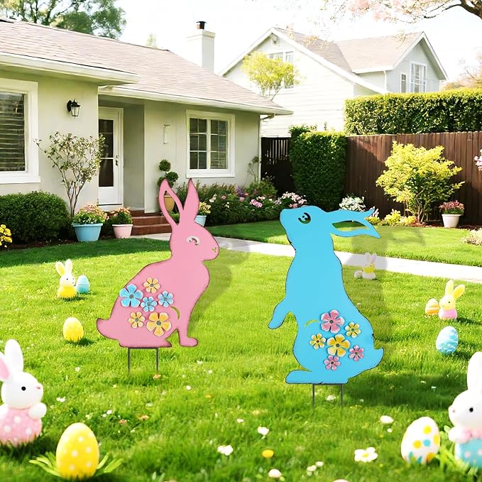 Metal Easter Bunny Yard Sign - 2 Pack Colorful Easter Bunny Lawn Stakes with 3D Flowers Spring Garden Decorations for Outdoor Easter Decor