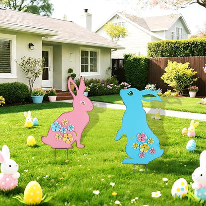 Metal Easter Bunny Yard Sign - 2 Pack Colorful Easter Bunny Lawn Stakes with 3D Flowers Spring Garden Decorations for Outdoor Easter Decor