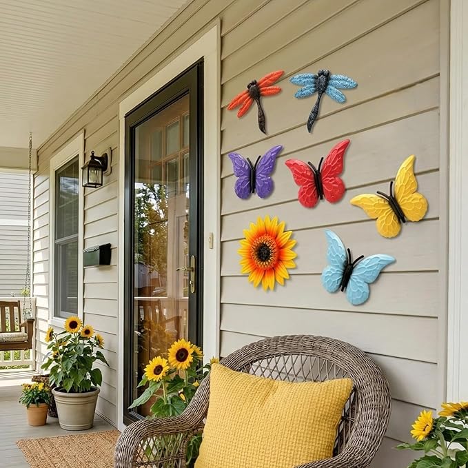 Pumtus 9 Pack Metal Sunflowers Wall Decor, Garden Flower Wall Art Decorations, Outdoor Butterfly Dragonfly Hanging Patio Decor, Yard Floral Fence Sculptures for Indoor Outside Living Room Bedroom