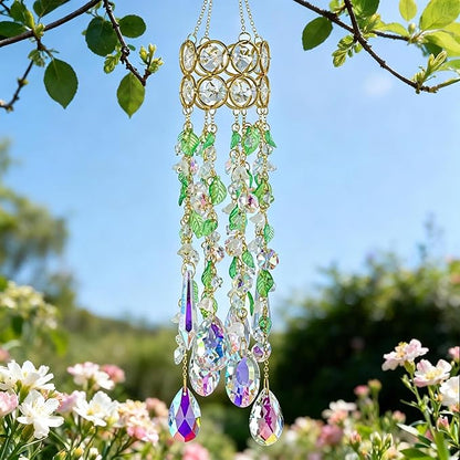HDCRYSTALGIFTS 15.5 Inch Crystal Suncatcher for Window Hanging Gold-Plated Glass Wind Chimes Sun Catcher with Leaf Flower Beads Chain Rainbow Maker Spring Ornaments for Indoor Outdoor Garden