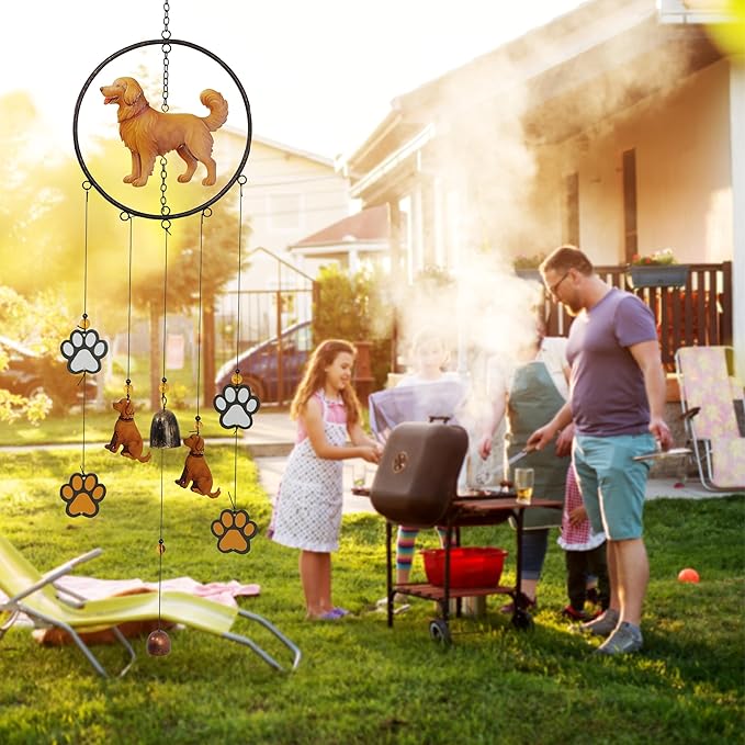 CoTa Global Golden Retriever Dog Wind Chime - Dog in Round Frame Hanging Decor with Bronze Tone Wind Chime Tubes and Round Wind Catcher, Indoor Outdoor Porch Patio Yard Garden Decoration - 35 Inches