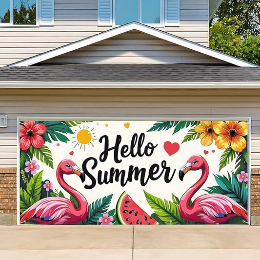 13x6 ft Hello Summer Flamingo Garage Door Banner - Colorful Flamingo Watermelon Pattern with Greeting Backdrop, Hanging Garage Decor - for Summer Welcome Pool Party, Fun Outdoor Wall Sign