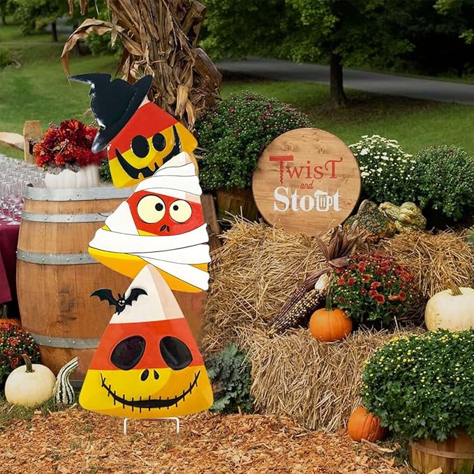 3 Packs Halloween Garden Stakes, Stacked Metal Candy Corn Lawn Decor, Halloween Decorative 3D Yard Signs Stake for Outdoor Front Garden Pathway Decorations