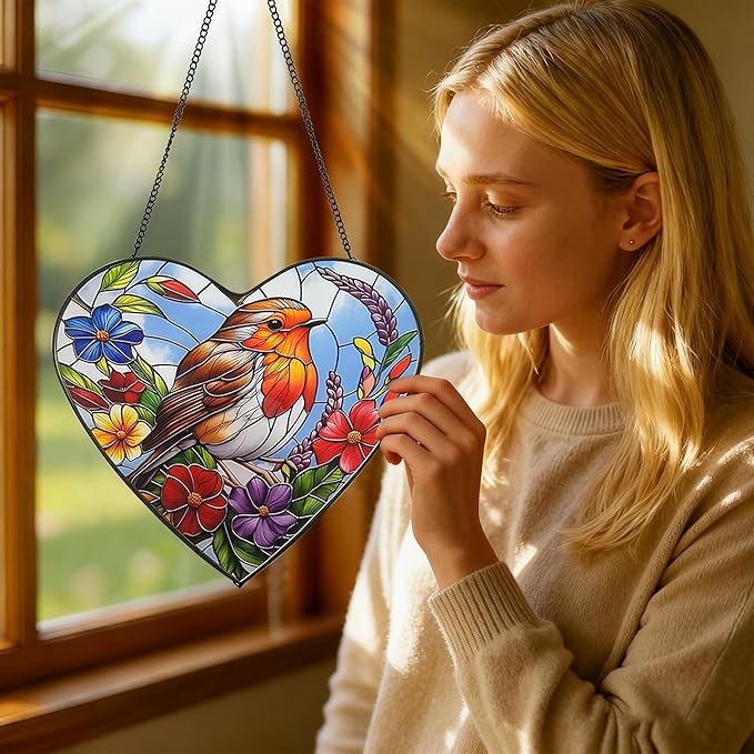 Heart-Shaped Robin Bird Stained Glass Window Hanging, 9.8'' Colorful Flower Sun Catcher Glass Panel Decor with Chain, Handcrafted Sun Catcher Gifts for Mom Wife Birds Lovers (Bird & Flower)