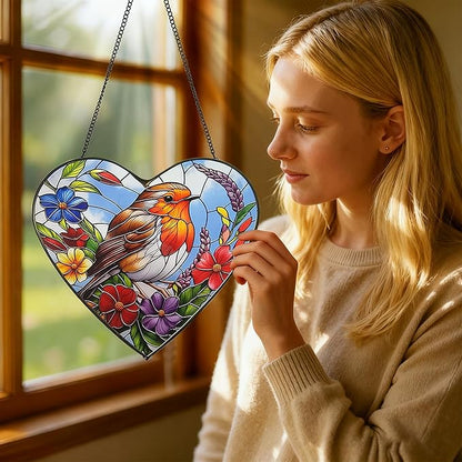 Heart-Shaped Robin Bird Stained Glass Window Hanging, 9.8'' Colorful Flower Sun Catcher Glass Panel Decor with Chain, Handcrafted Sun Catcher Gifts for Mom Wife Birds Lovers (Bird & Flower)