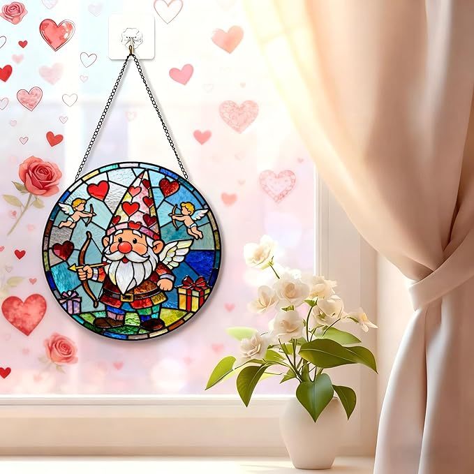 Funoasis Romantic Valentine's Day Stained Glass 6.3 Inches Suncatcher - Cupid Arrow and Heart Ornaments Window Hanging Gift for Her & Him