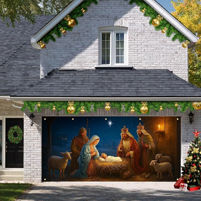 HOMETITUTE Nativity Scene Garage Door Banner 13x6ft Baby Jesus Backdrop with light Animals Stable Religious Christmas Yard Decor for Outdoor Wall Mural Holiday Display