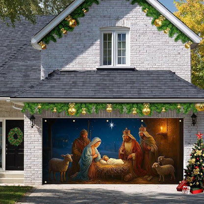 HOMETITUTE Nativity Scene Garage Door Banner 13x6ft Baby Jesus Backdrop with light Animals Stable Religious Christmas Yard Decor for Outdoor Wall Mural Holiday Display