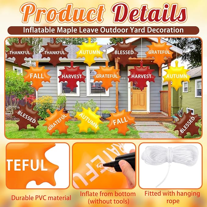 Leyndo 12 Pieces 14 Inch Thanksgiving Fall Inflatable Maple Leaf Outdoor Decorations Autumn Maple Leaf Inflatable Hanging Ornaments Decor Fall Blow up PVC Ornaments for Harvest Party Supplies