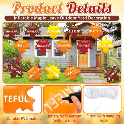 Leyndo 12 Pieces 14 Inch Thanksgiving Fall Inflatable Maple Leaf Outdoor Decorations Autumn Maple Leaf Inflatable Hanging Ornaments Decor Fall Blow up PVC Ornaments for Harvest Party Supplies