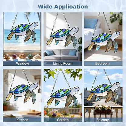 Sea Turtle Suncatcher Decor,Handmade Stained Glass Window Hanging Ornament,Spring Summer Home Decor for Indoor Outdoor,Mother's Day Housewarming Gifts for Turtle Lovers