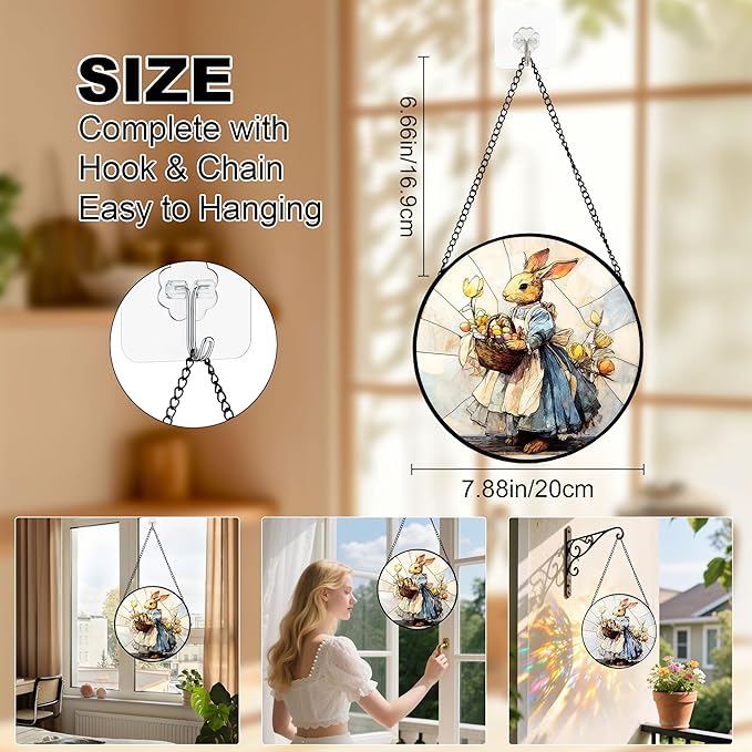 7.88'' Stained Glass Window Hanging, Colorful Egg Rabbit Sun Catchers Glass Panel Bunny Suncatcher Decor with Hook Chain for Mother's Day Birthday for Women, Men, Wife, Aunt, and Mom