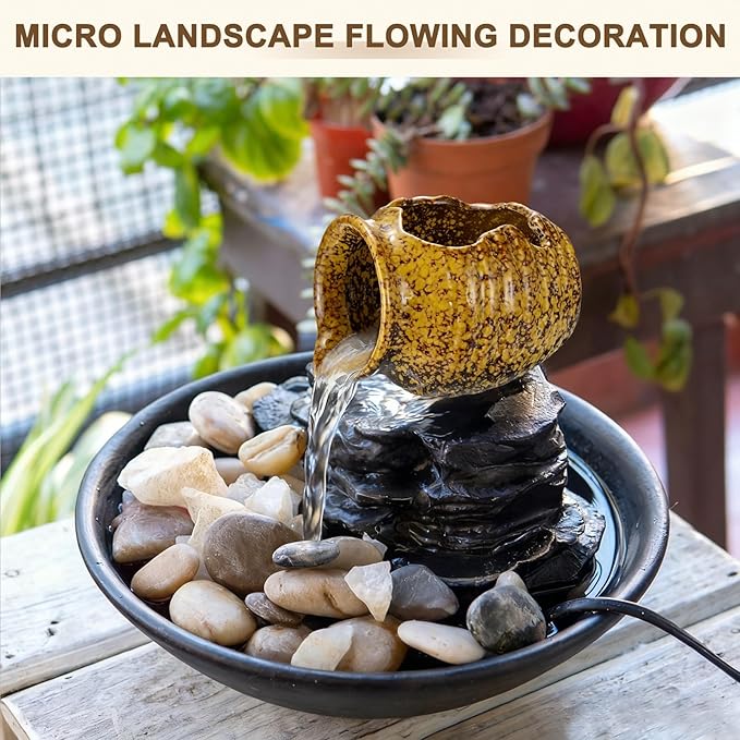 M METERXITY Ceramic Garden Fountain Spitter, Clay Pot Ecological Tank for Pond/Backyard Water Feature/Cave Waterfall/Landscaping, DIY Water Flow Jar Hydroponic Vase [5.5in, Iridescent Yellow]