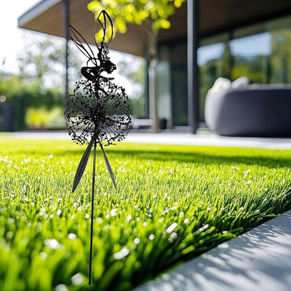 Flower Fairy Dancing with Dandelion Garden Sculpture,Angel Metal Ornaments Stainless Steel Statue Decorations,Wonderland Outdoor Yard Lawn Patio Stakes Sculptures Decor (C)