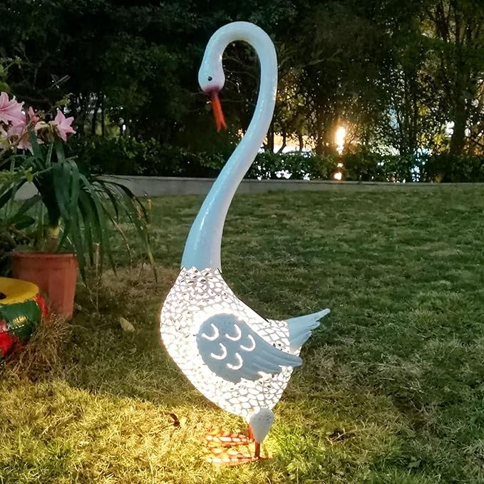 Large Swan Statue Garden Decor with Solar Powered Light, Hand-Painted Iron Art with Hollow Carved Design, Waterproof Outdoor Sculpture for Garden, Yard, Pond, Lawn and Pathway,Tall