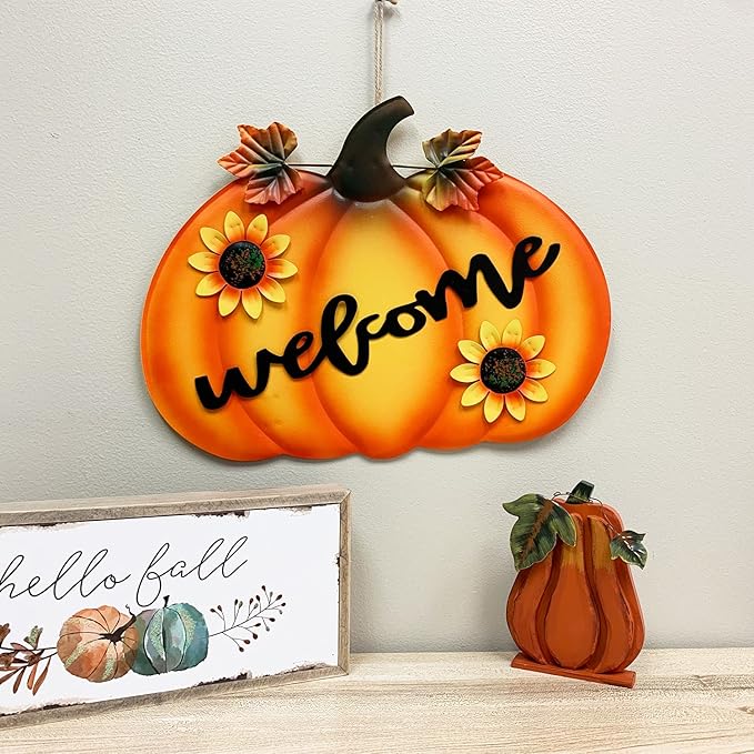 Rustic Metal Pumpkin Garden Stakes Standing Outdoor Welcome Signs Home Decorations Metal Pumpkins Yard Outdoors for Fall Harvest Decor Thanksgiving Halloween Lawn Decorations-24''H