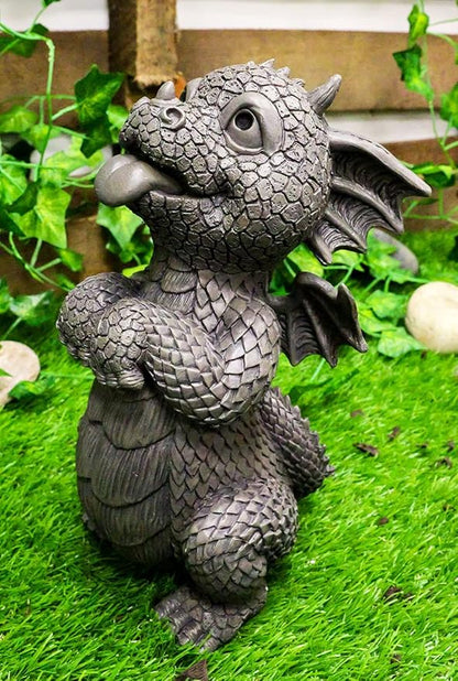 Ebros Whimsical Garden Dragon Begging for Attention Statue 10.25" H Cute Baby Dragon Panting Faux Stone Resin Finish Figurine Dungeons and Dragons Mythical Fantasy Sculpture Guest Greeter Home Decor