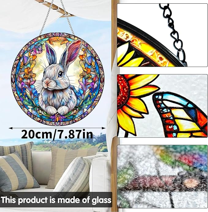 VAIIEYO Rabbit Sun Catcher Stained Glass Window Hanging Ornament, Handmade Sun Catcher Animal Decoration with Hooks for Window Garden Home, Mother's Day & Birthday Housewarming Gift (7.8 inch)