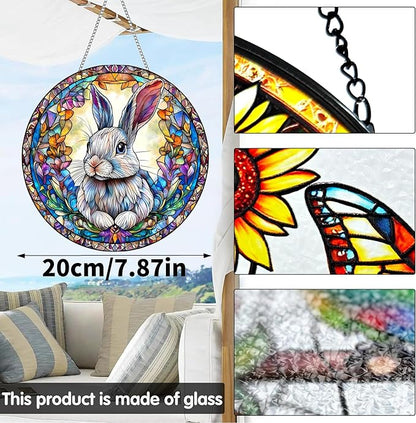 VAIIEYO Rabbit Sun Catcher Stained Glass Window Hanging Ornament, Handmade Sun Catcher Animal Decoration with Hooks for Window Garden Home, Mother's Day & Birthday Housewarming Gift (7.8 inch)