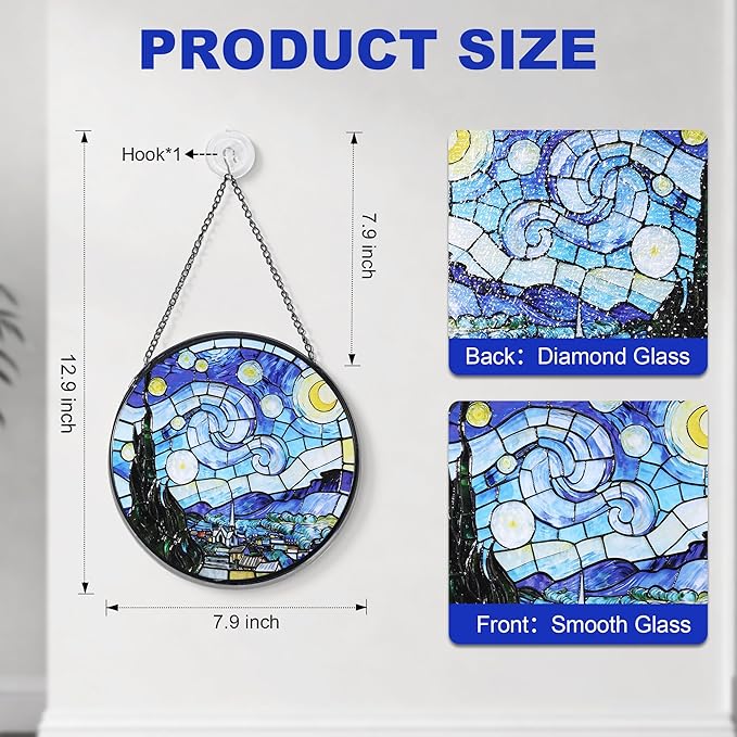 Hanging Stained Glass for Windows,20cm/7.87inch Van Gogh Starry Night Stained Glass Suncatcher with Chain Garden Diamond Glass Panel Hangings Decoration for Home Decor Gifts for Family Friends