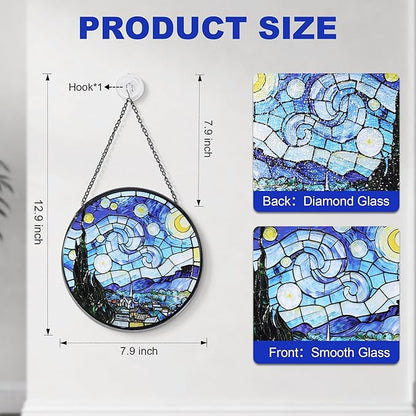 Hanging Stained Glass for Windows,20cm/7.87inch Van Gogh Starry Night Stained Glass Suncatcher with Chain Garden Diamond Glass Panel Hangings Decoration for Home Decor Gifts for Family Friends