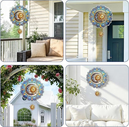Sun and Moon Wind Spinners Outdoor Hanging - 12 inch Sun Outdoor Metal Decor Birthday Gifts for Women Mom Grandma,3D Wind Sculptures Art for Yard and Garden Patio Lawn Balcony Porch Decorations