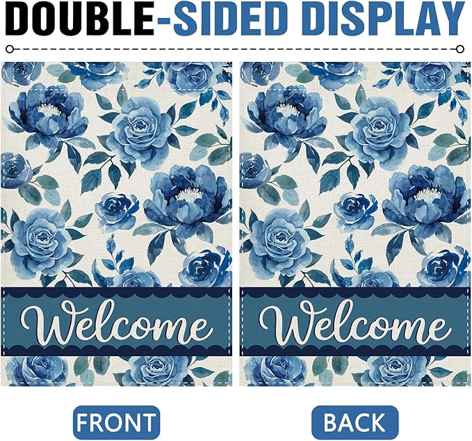 Dyrenson Blue Floral Welcome Decorative Garden Flag, Watercolor Rose Peony Flowers Yard Outside Home Decoration, Spring Summer Burlap Outdoor Small Decor Double Sided 12 x 18