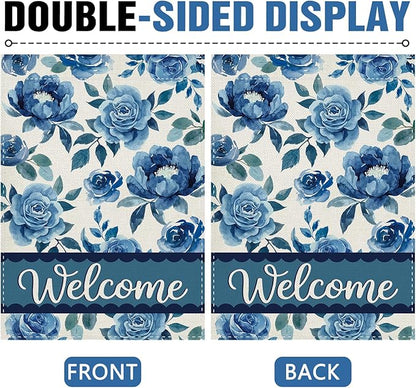 Dyrenson Blue Floral Welcome Decorative Garden Flag, Watercolor Rose Peony Flowers Yard Outside Home Decoration, Spring Summer Burlap Outdoor Small Decor Double Sided 12 x 18