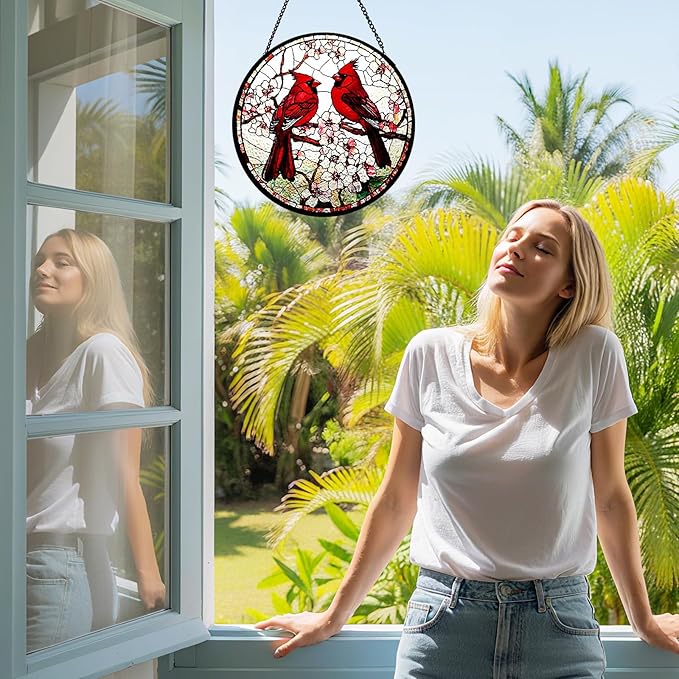 Cardinal Stained Glass Window Hanging Sun Catcher Glass Panel with Metal Chain and Hook Suncatcher Indoor Window Decor Home Garden Decoration Gift for Bird Lovers Women Mother's Day Christmas