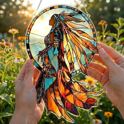 Native American Acrylic Suncatcher Indoor Colorful Window Hanging Ornament Outdoor Sun Catcher Panel for Home Decor Car Garden Crystal Gift Feather Headdress Suncatcher