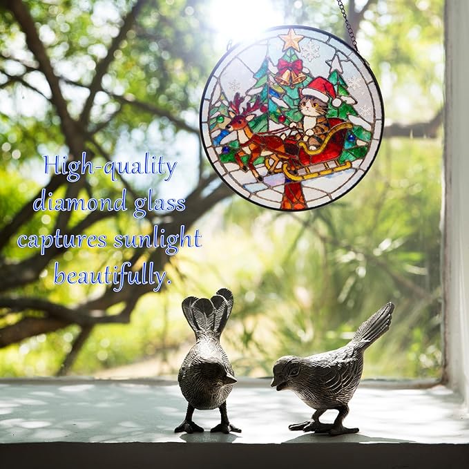 Double Sided Stained Glass Window Hanging, 7.9" Sun Catcher Panel, Green Plant Wall Art for Home & Garden, Unique Gift for Women & Men (Cute Cat Sleigh, 7.9 Inch)
