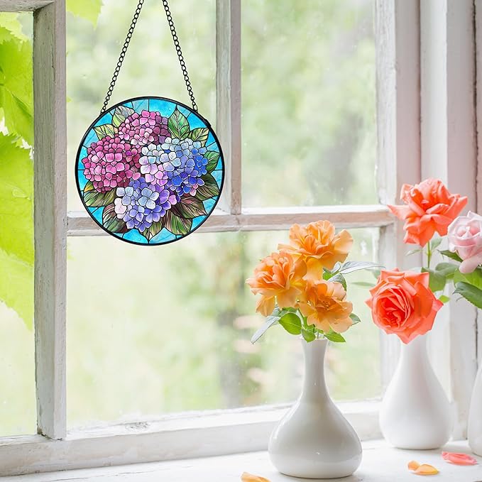 Hydrangea Flower Stained Glass Window Hanging, Cottagecore Hydrangea Floral Sun Catchers Indoor Window Round Glass Wall Art Decor, Flower Suncatcher Wall Hanging Gardening & Lawn Care