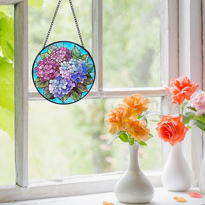 Hydrangea Flower Stained Glass Window Hanging, Cottagecore Hydrangea Floral Sun Catchers Indoor Window Round Glass Wall Art Decor, Flower Suncatcher Wall Hanging Gardening & Lawn Care