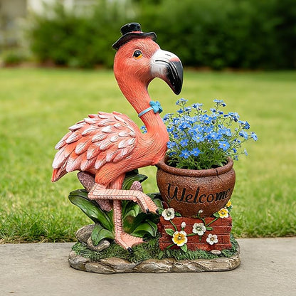 Flamingo Garden Statue Planter with Welcome Sign & Solar LED Light, Waterproof Outdoor Resin Yard Decor, Front Porch Ornament Housewarming Gift(Left Pink Flamingo)