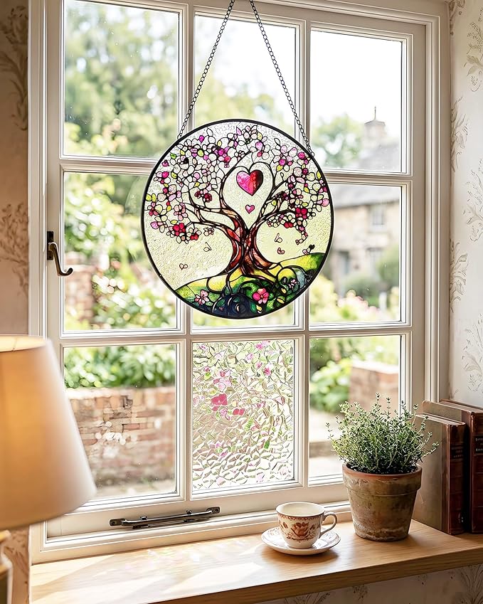 Stained Glass Suncatcher Window Hanging – Pink Tree of Life with Heart, Sun Catcher Window Decor, Meaningful Gift for Mom, Grandma, Nana, Birthday & Mother’s Day