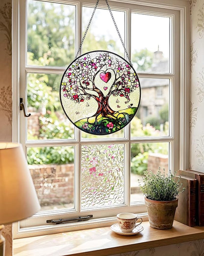 Stained Glass Suncatcher Window Hanging – Pink Tree of Life with Heart, Sun Catcher Window Decor, Meaningful Gift for Mom, Grandma, Nana, Birthday & Mother’s Day