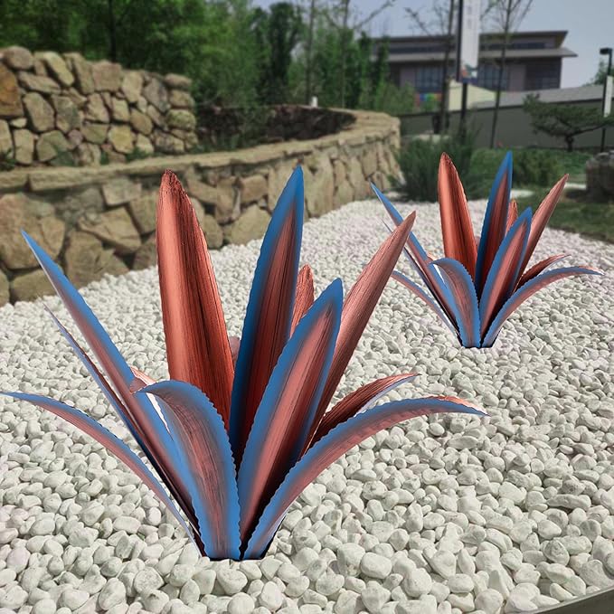 Large Tequila Rustic Sculpture, Rustic Metal Agave Plants for Outdoor Patio Yard Mexican Plant Garden， Agave Outdoor Lawn Ornaments Yard Stakes (Blue 2pc)