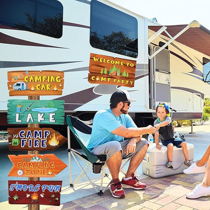 20 Pack Camping Themed Party Decorations Camping Party Directional Signs for Summer Camp Decor Welcome to Camp Birthday Supplies Classroom Wall Door Porch Yard Sign Photo Props Backdrop Supplies