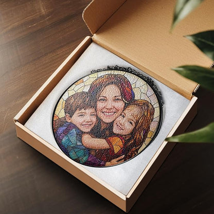 Personalized Stained Glass Window Hanging Ornament, Custom Family Photo with Mom and Kids, Unique Stained Glass Style Decoration, Birthday Present, Home Window Art Keepsake