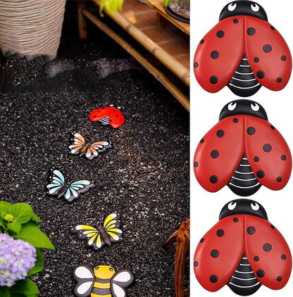 Stepping Stone Yard Walkway Step Stones Set of 3, Animal Stepping Gardening Stone for Flower Beds Lawn Decorative, Path Resin Stepping Stone Ornaments(Color:Ladybug)