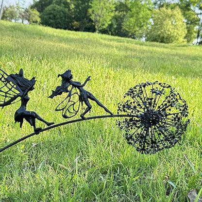 Flower Fairy Dancing with Dandelion Garden Sculpture,Angel Metal Ornaments Stainless Steel Statue Decorations,Wonderland Outdoor Yard Lawn Patio Stakes Sculptures Decor (A)
