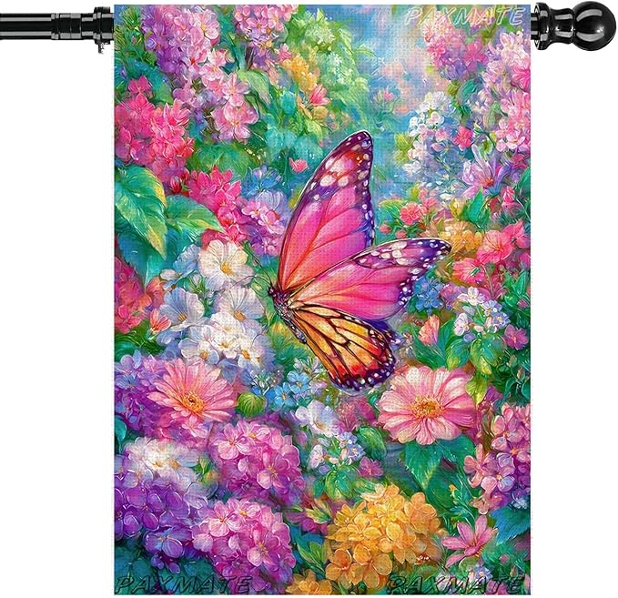 Spring House Flag for Outside 28x40 Inch Double Sided, Butterfly Flowers Large Yard Outdoor Flags for Seasonal Spring Summer Farmhouse Holiday Decoration