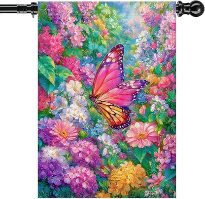 Spring House Flag for Outside 28x40 Inch Double Sided, Butterfly Flowers Large Yard Outdoor Flags for Seasonal Spring Summer Farmhouse Holiday Decoration